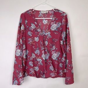 PINK ROSE mock wrap blouse wide sleeves gathered waist. Color:  rose flo…